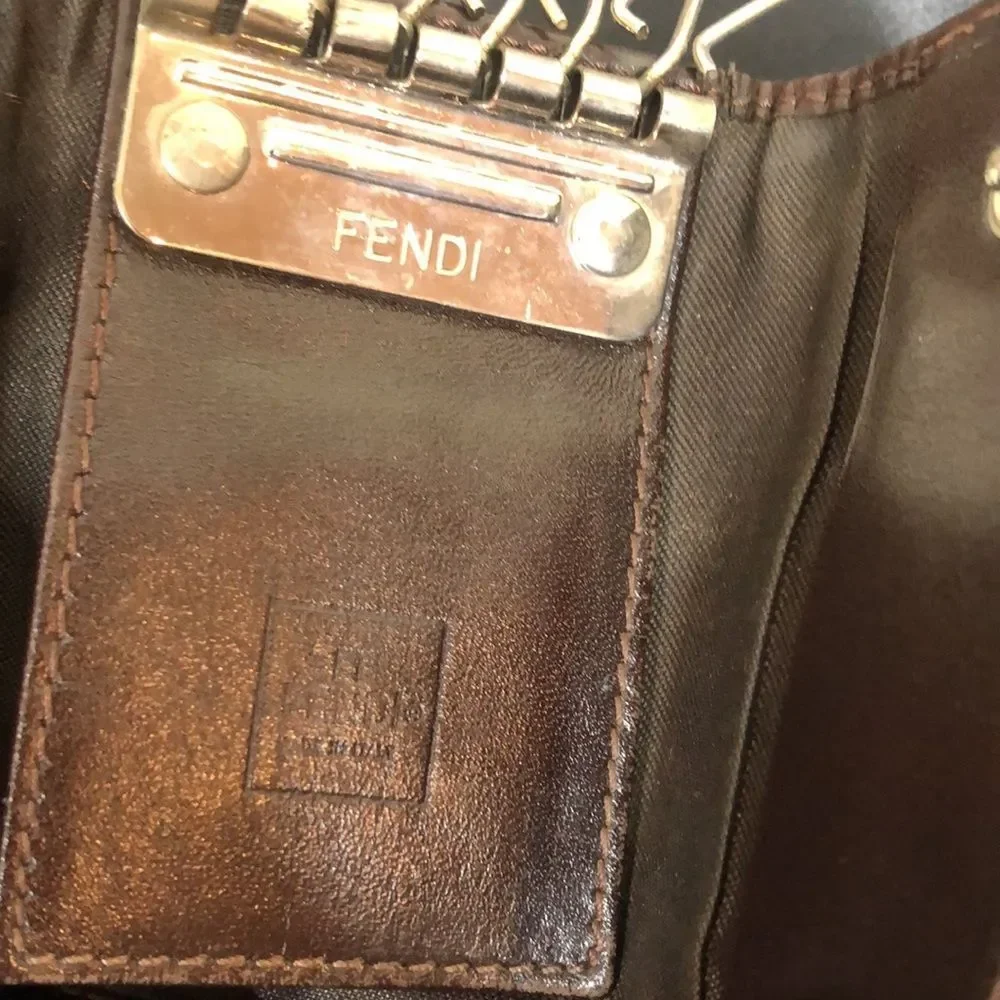 FENDI Zucca Tan Navy Canvas and Brown Leather Trim Snap Close Trifold Key Case